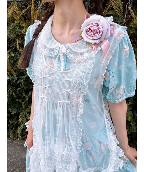 PINK HOUSE ローン襟付きRosePearlプリントミディワンピース PINK HOUSE（ピンクハウス） ワンピース 半袖 ローン襟付きRose Pearl