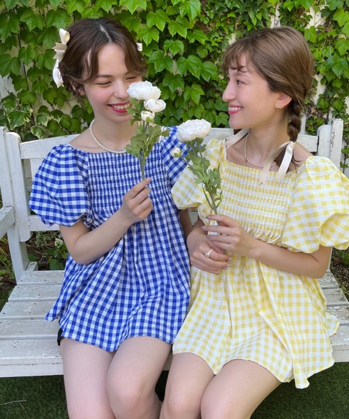 Loueme ブラウス シャツ 半袖 ギンガムチェックパフスリーブトップス