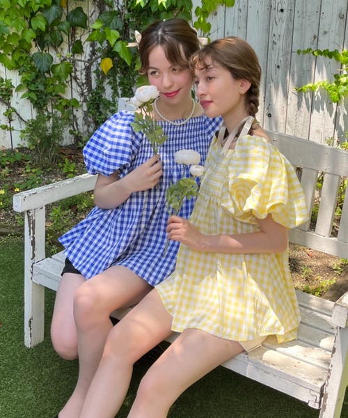 Loueme ブラウス シャツ ギンガムチェックパフスリーブトップス