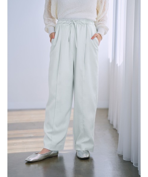 リネン ドロワーズパンツ ホワイト パンツ ドロストリネンライクワイドパンツ「低身長・小柄女性