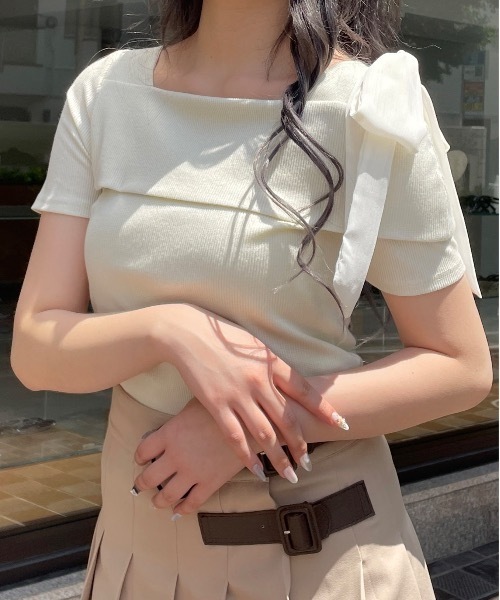 one way（ワンウェイ） tシャツ Tシャツ 肩リボンワンショルテレコ