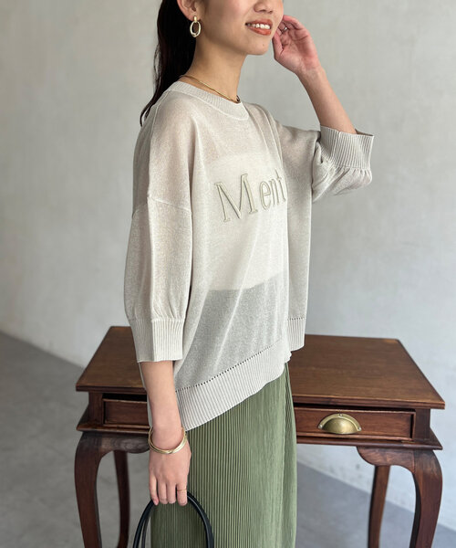 Chez toi ニット セーター 刺繍ロゴ5分袖シアープルオーバー