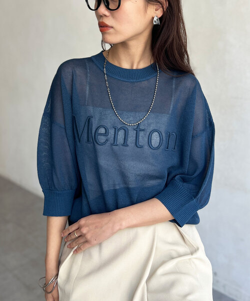 Chez toi ニット セーター 刺繍ロゴ5分袖シアープルオーバー