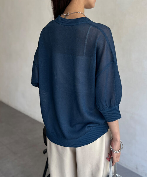 Chez toi ニット セーター 刺繍ロゴ5分袖シアープルオーバー