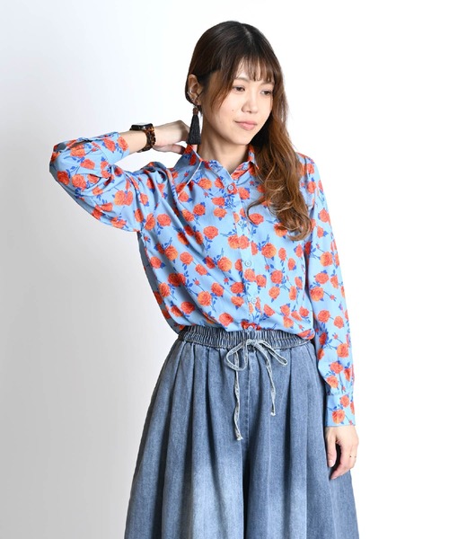 marai ブラウス シャツ バラ柄長袖レトロシャツブラウス レディース  
