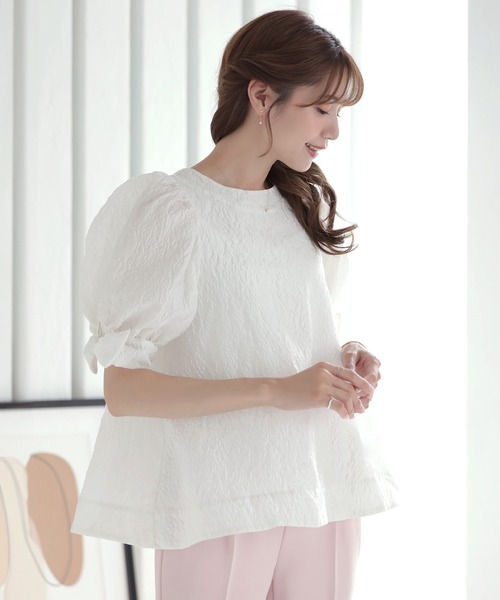MERAKI ブラウス シャツ 半袖 袖リボンフラワージャガードトップス