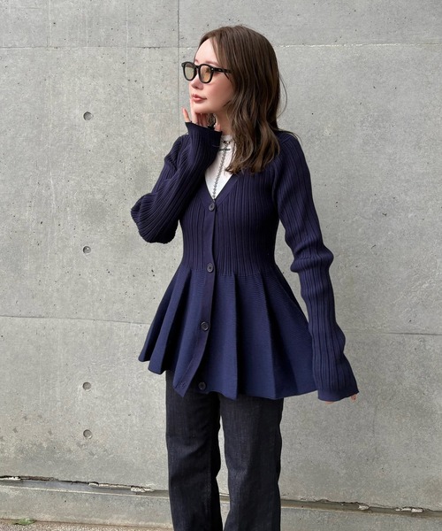 カーディガン v neck peplum cardigan /Vネック フレア ペプラム リブ