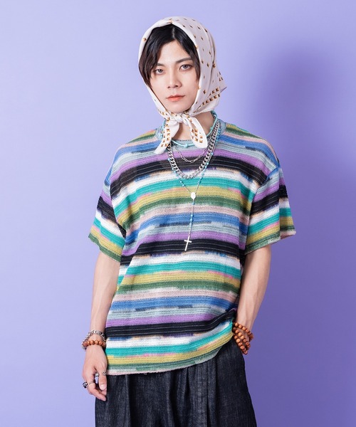 tシャツ a.p.o.v. レトロマルチボーダーメッシュ編みニットTシャツ