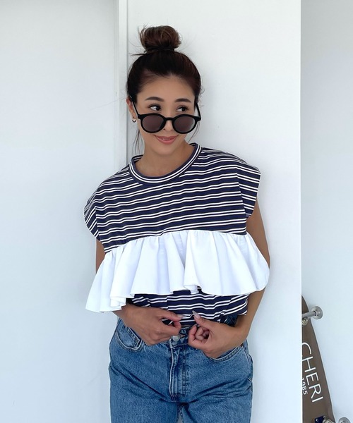 tシャツ ボーダーフリルノースリーブＴシャツ レディース