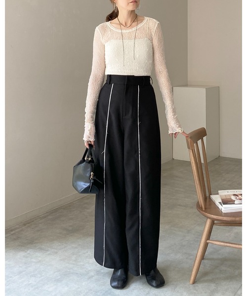 She's Closet tシャツ 長袖クルーネック透かし編みストレッチレース