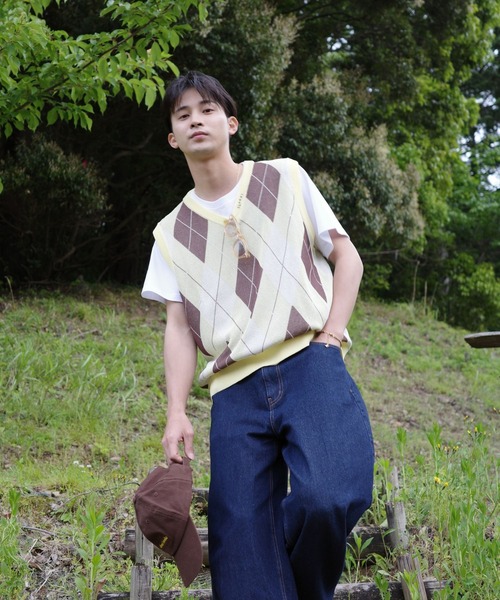 マ*ン様 貴重 21SS DAIRIKU ニットベスト アーガイル 刺繍 skoool（スクール） ベスト ジレ アーガイル柄 サマーニットベスト