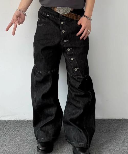 B.R.U ワイドパンツ ジーンズ アシンメトリーボタンデニムパンツ