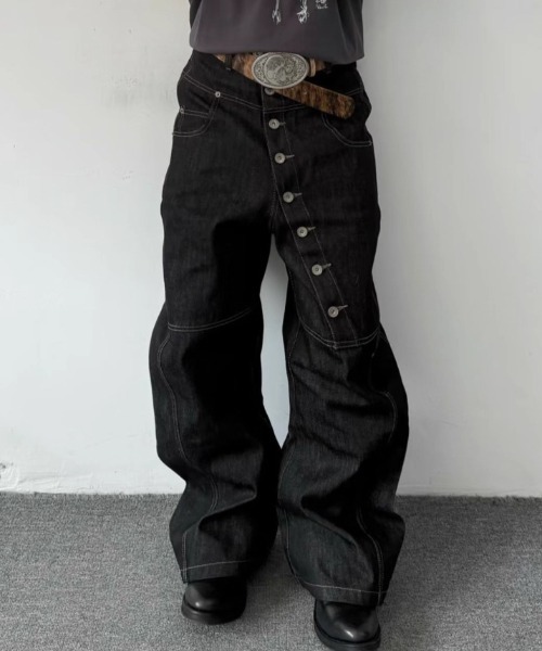 B.R.U ワイドパンツ ジーンズ アシンメトリーボタンデニムパンツ