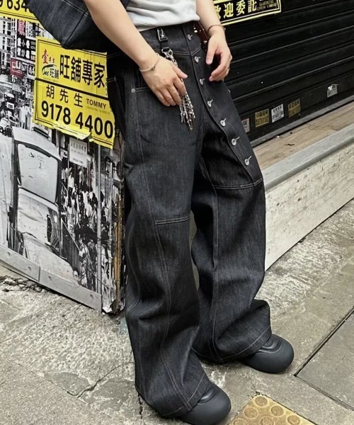 B.R.U ワイドパンツ ジーンズ アシンメトリーボタンデニムパンツ