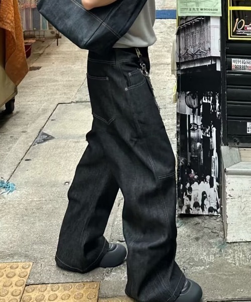 B.R.U ワイドパンツ ジーンズ アシンメトリーボタンデニムパンツ