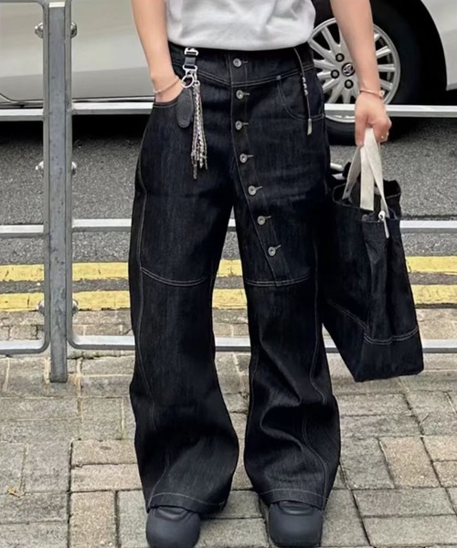 B.R.U ワイドパンツ ジーンズ アシンメトリーボタンデニムパンツ