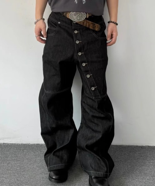 B.R.U ワイドパンツ ジーンズ アシンメトリーボタンデニムパンツ
