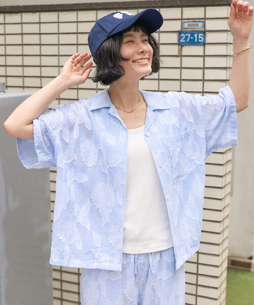 ブラウス シャツ インド カットジャガード半袖シャツ「セットアップ対応」 レディース