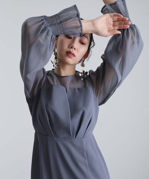 プールヴー　atlo お呼ばれドレス　ワンピース　結婚式　同窓会　成人式　卒業式 atlo ドレス ロング＆七分袖フォーマルギャザースリーブ大きい