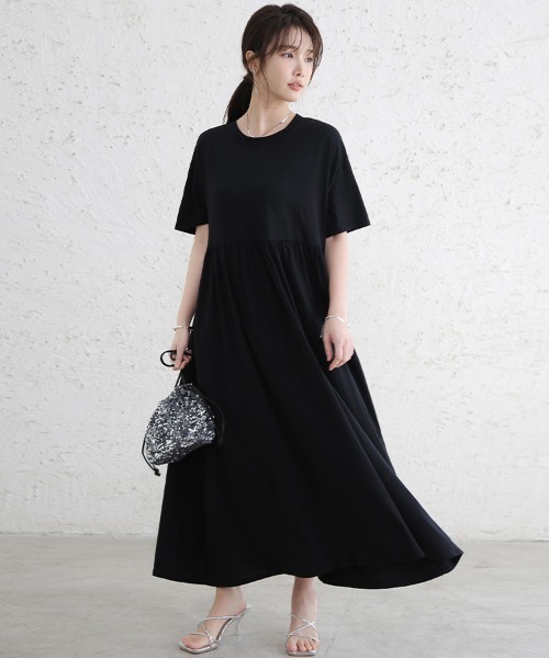 極美品　23区 コットン　ロング半袖ワンピース　マキシ ワンピース 半袖 コットン半袖ドロップショルダーロングマキシ
