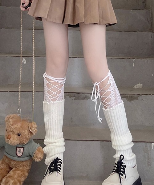 c.u.l 靴下 網タイツ切り替え レッグウォーマー風デザイン ソックス