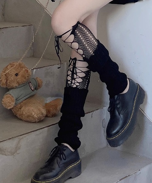 c.u.l 靴下 網タイツ切り替え レッグウォーマー風デザイン ソックス