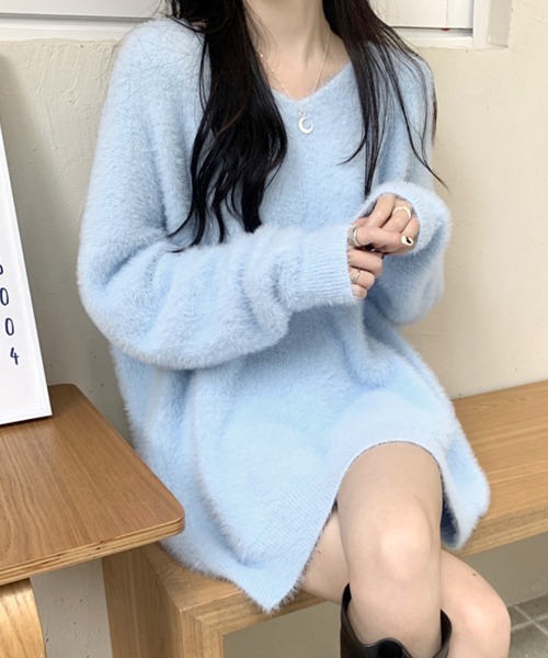 ニット セーター Vネックシャギーニットトップス レディース