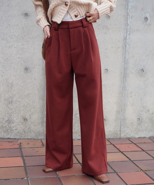 赤 ワイドパンツ ハイウエスト ワイドパンツ スラックス パンツ double tuck wide pants /ハイ