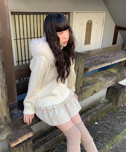 anyonemore パーカー フェイクファーフード付きニットジップアップ