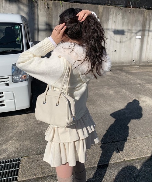 anyonemore パーカー フェイクファーフード付きニットジップアップ