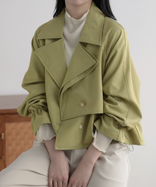 ドロップショルダーグリーントレンチショートコート　CHIC and THINGS コート アウター ドロストショートトレンチジャケット レディース