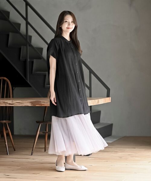 新品 楊柳 フリル チュニック ブラウス 黒 ピンク human woman ◇チュニックブラウス フューシャピンク