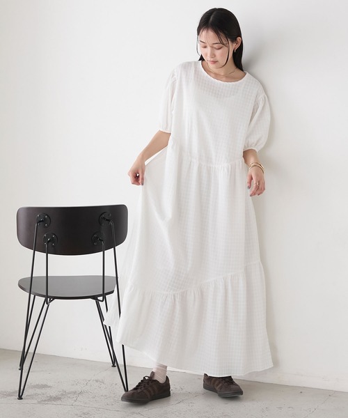 ギンガムチェック ロングワンピース パフスリーブ r-3812 ギンガムチェック ロングワンピース パフスリーブ r-3812