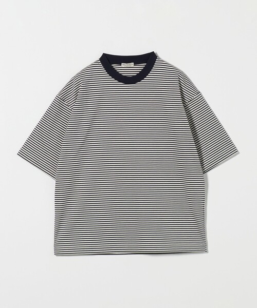  ★半袖 クルーネック ボーダー ロゴ Tシャツ★白 ジャガードボーダー クルーネック半袖Tシャツ[品番：TKQJ0022054