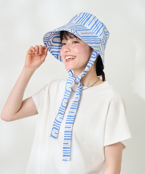 夏のボートハット 黒リボン付き FREAK'S STORE 帽子 ハット 幾何学柄紐付きハット/リボン付き柄