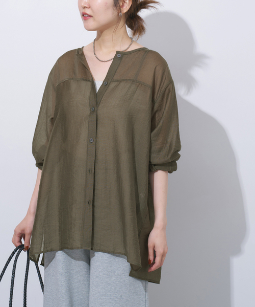 ブラウス シャツ ノーカラーシアーシャツ レディース