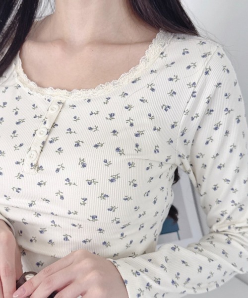 Loueme tシャツ ヘンリーネック小花柄レーストリムトップス レディース