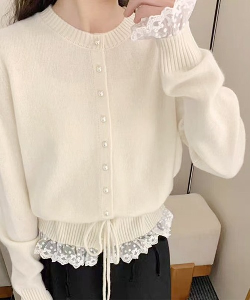70s vintage パールボタン レースカラーカーディガン アイボリー Ada. カーディガン パールボタン レースデザイン リボン ドローコード