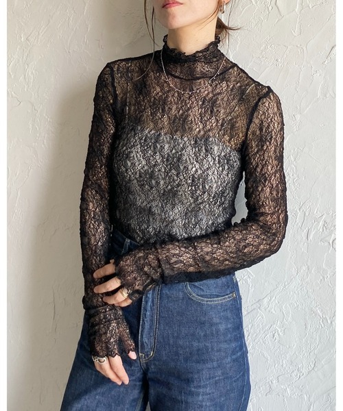 She's Closet tシャツ 長袖ハイネック透かし編みストレッチレース