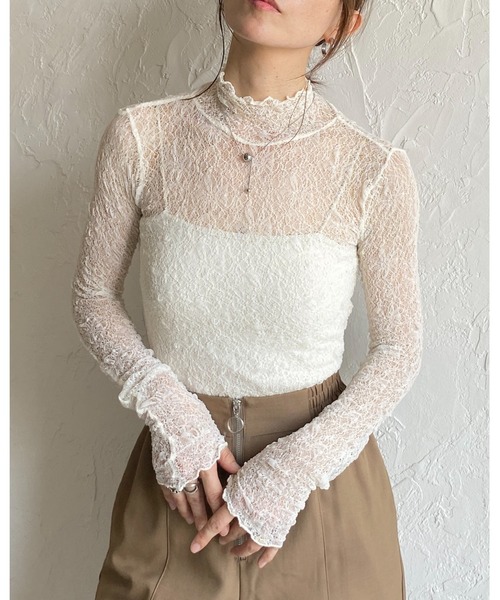 She's Closet tシャツ 長袖ハイネック透かし編みストレッチレース