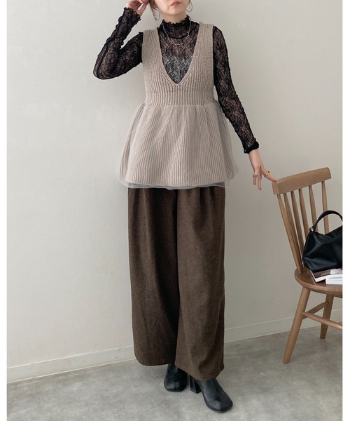 She's Closet tシャツ 長袖ハイネック透かし編みストレッチレース