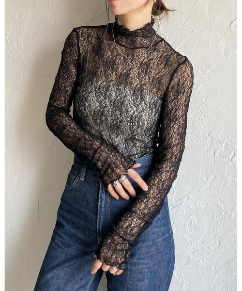 She's Closet tシャツ 長袖ハイネック透かし編みストレッチレース