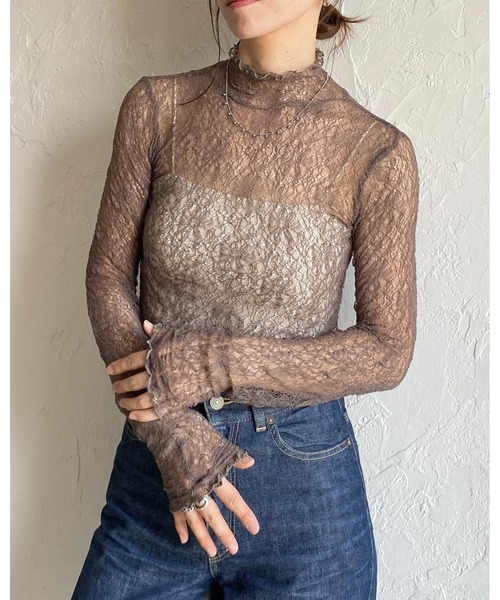 She's Closet tシャツ 長袖ハイネック透かし編みストレッチレース