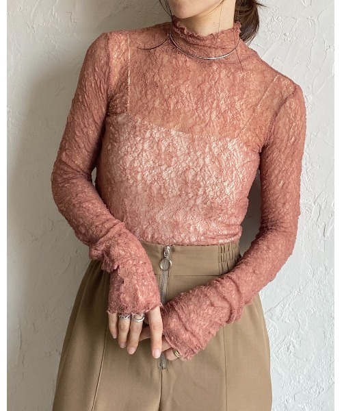 She's Closet tシャツ 長袖ハイネック透かし編みストレッチレース