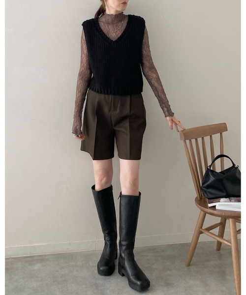 She's Closet tシャツ 長袖ハイネック透かし編みストレッチレース