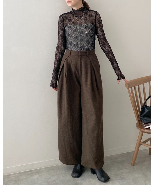 She's Closet tシャツ 長袖ハイネック透かし編みストレッチレース