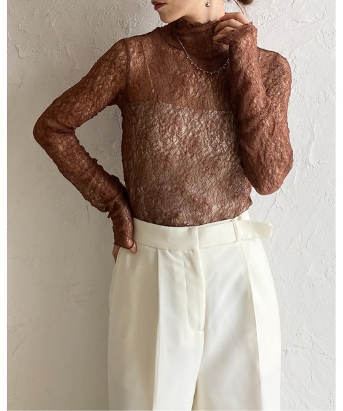 She's Closet tシャツ 長袖ハイネック透かし編みストレッチレース
