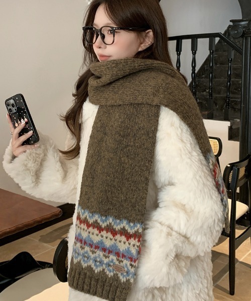 マフラー ストール フェアアイル柄ニットマフラー レディース