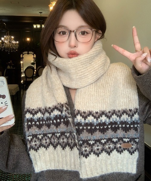 マフラー ストール フェアアイル柄ニットマフラー レディース