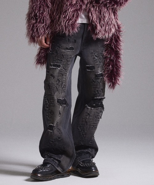 GRANCY ダメージ加工 ブラックデニム フレアパンツ GRANCY ジーンズ 「GRANCY」High Damage Straight Denim Pants / ハイ